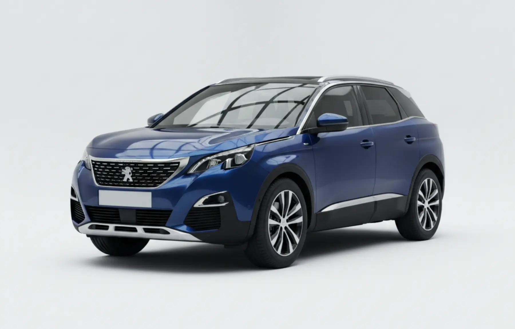 Французький кросовер Peugeot 3008 синього кольору на білому студійному фоні.