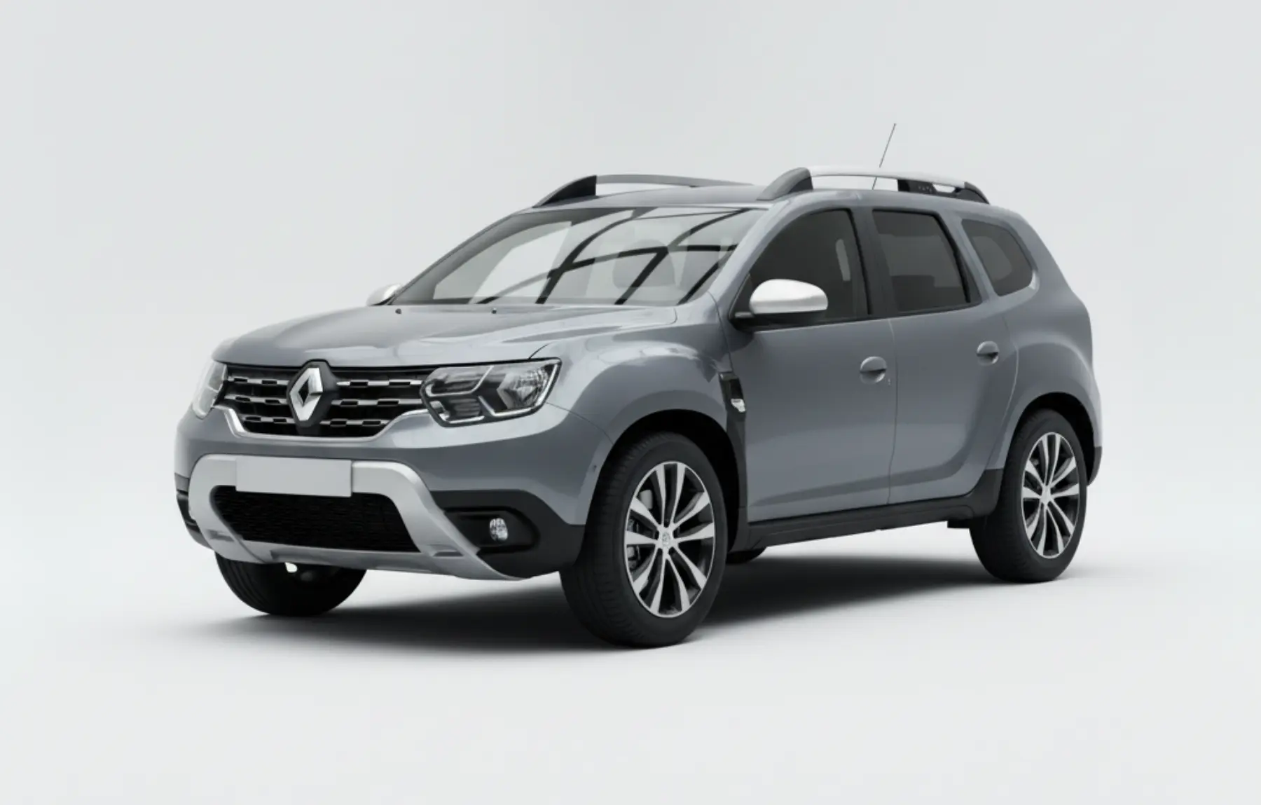 Бюджетний позашляховик Duster сірого кольору на білому студійному фоні.