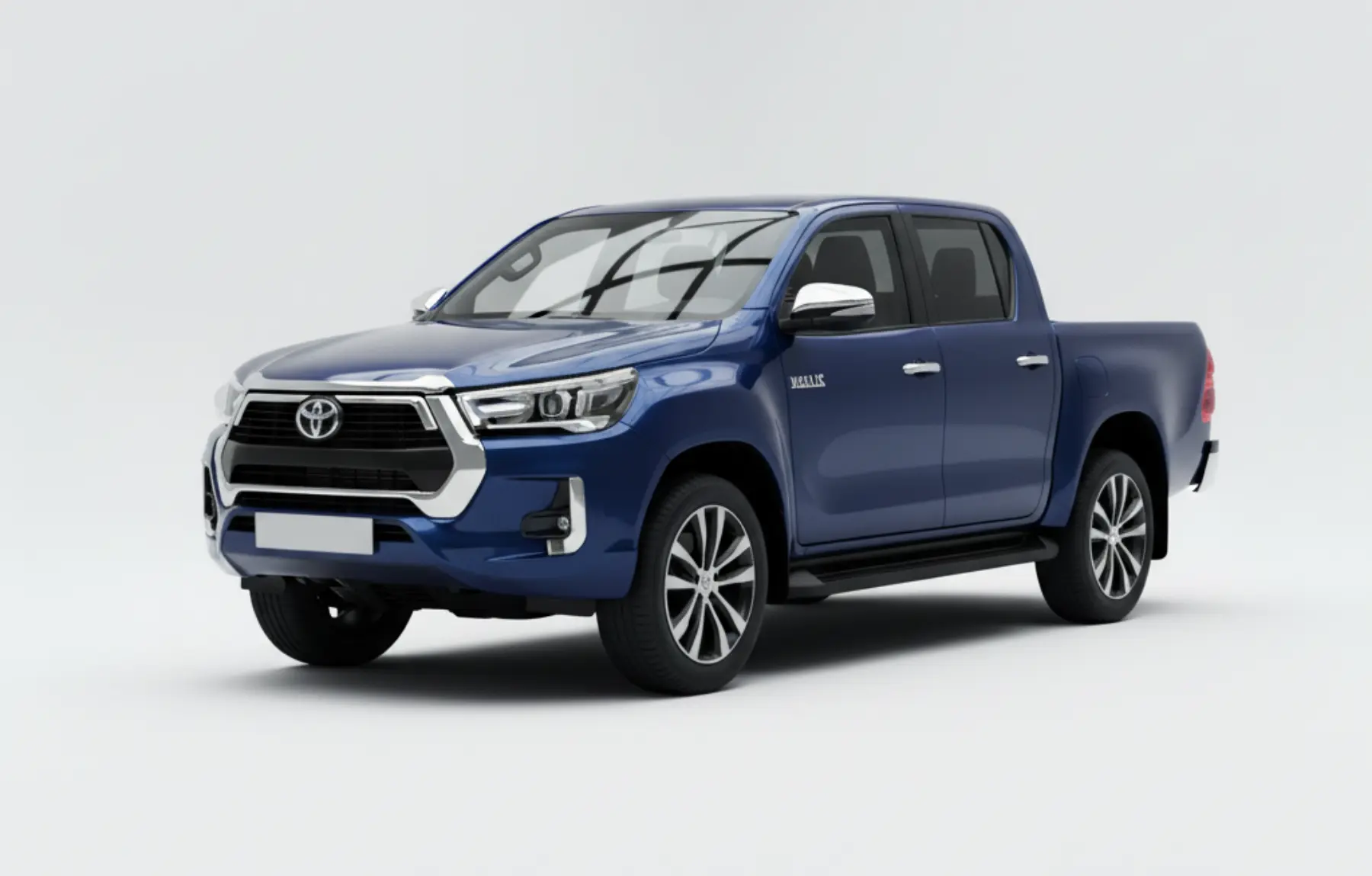 Легендарний пікап Toyota Hilux синього кольору на білому студійному фоні
